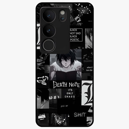 Midnight Chaos Mind Glass Case showing flat back view with abstract dark themed artwork and glossy glass finish.