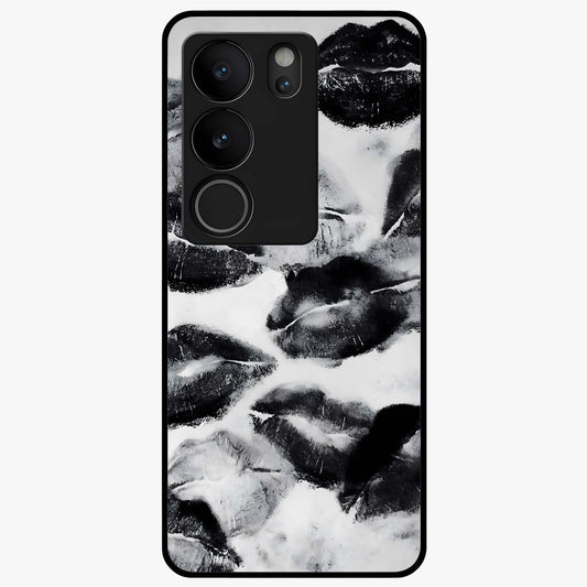 Midnight Kiss Marks Glass Case showing flat back view with lipstick kiss mark artwork and glossy glass finish.