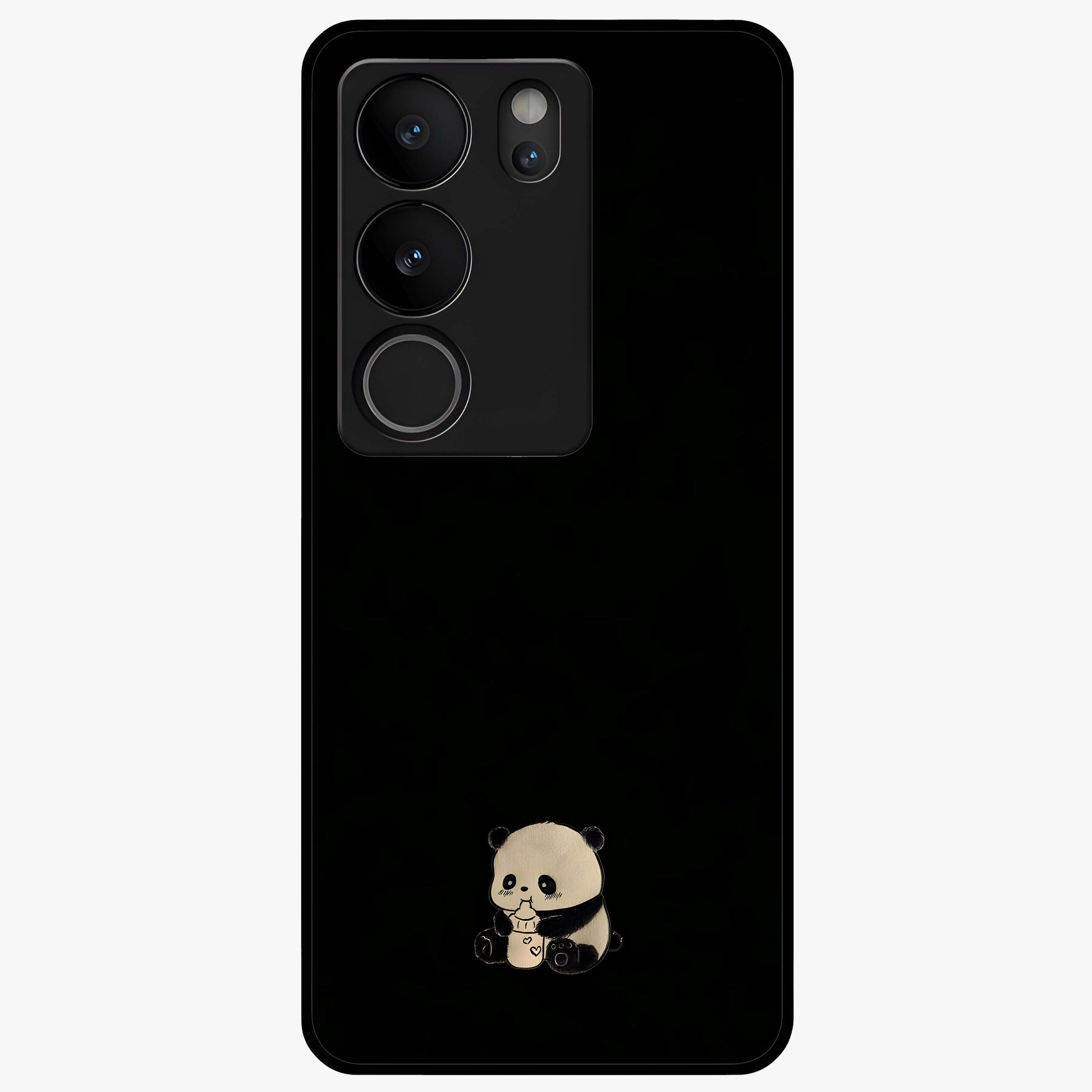 Midnight Panda Love Glass Case showing flat back view with cute panda themed artwork and glossy glass finish.
