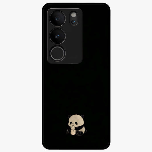 Midnight Panda Love Glass Case showing flat back view with cute panda themed artwork and glossy glass finish.