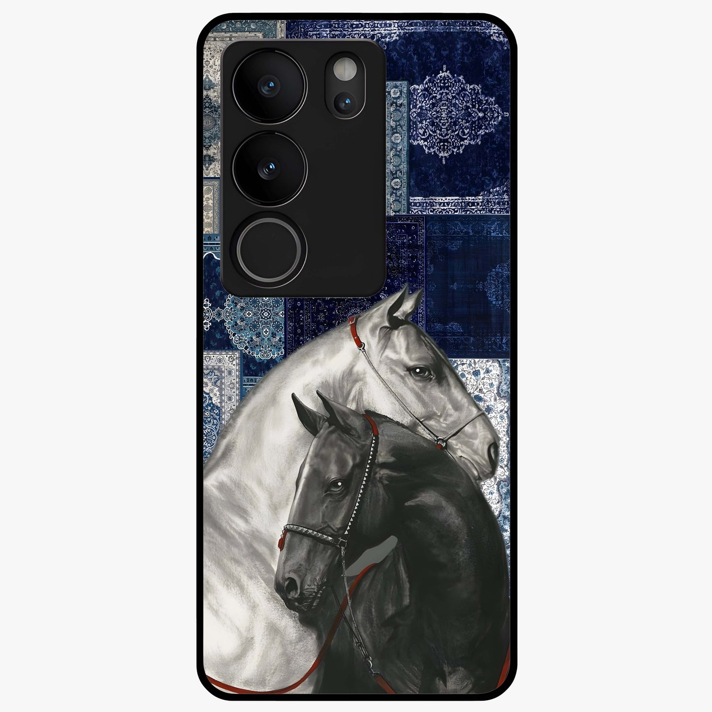 Midnight Stallion Blues Glass Case showing flat back view with majestic horse artwork and glossy glass finish.