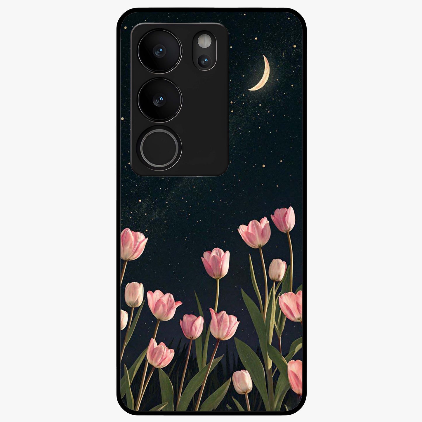 Midnight Tulip Whispers Vibe Glass Case showing flat back view with elegant tulip flower artwork and glossy glass finish.