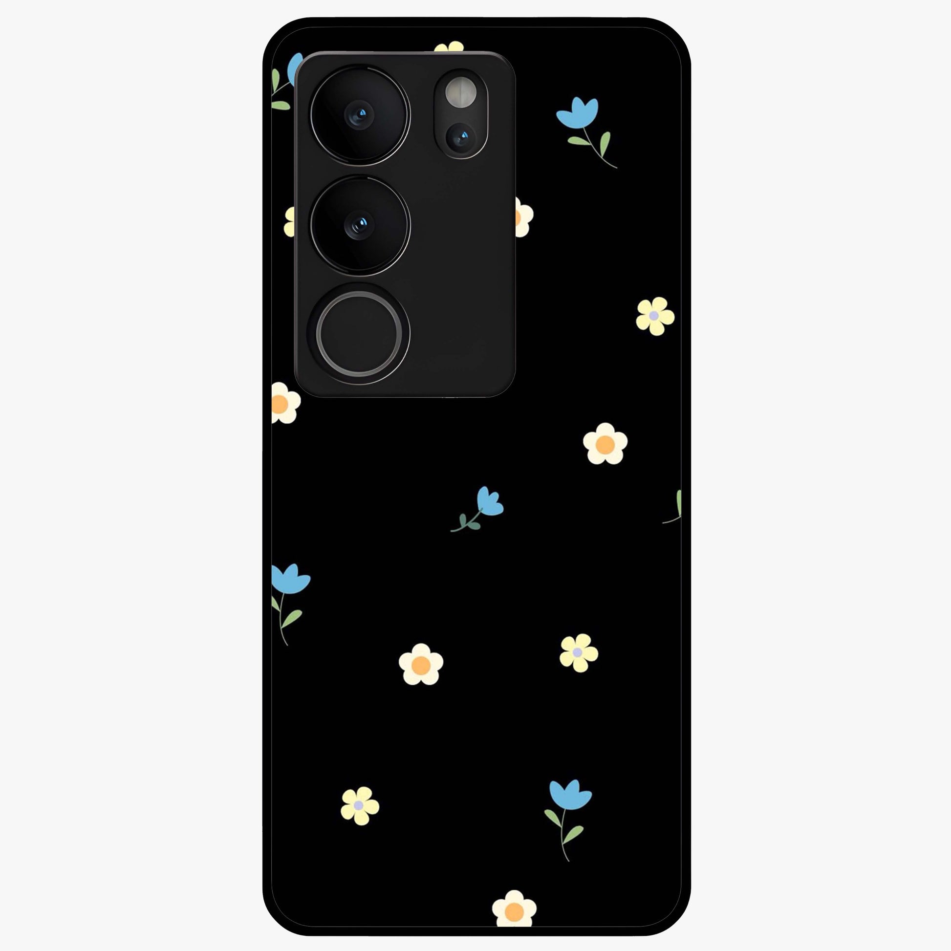 Minimalistic Blue With White Flower Pattern Glass Case showing flat back view with blue background and white flower pattern and glossy glass finish.