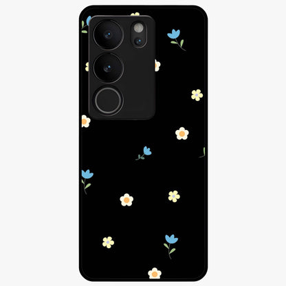 Minimalistic Blue With White Flower Pattern Glass Case showing flat back view with blue background and white flower pattern and glossy glass finish.
