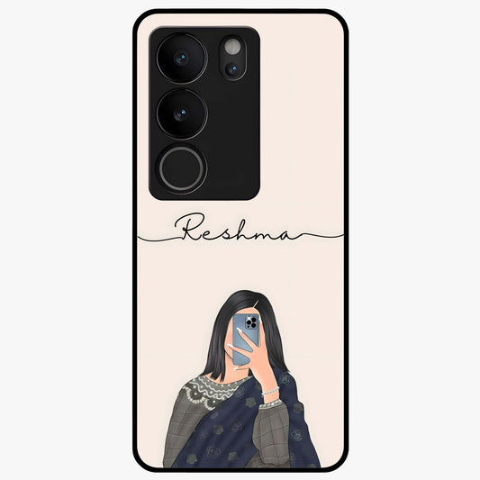 Mirror Mood Muse With Custom Name Glass Case showing flat back view with stylish mirrored artwork and personalized name design.