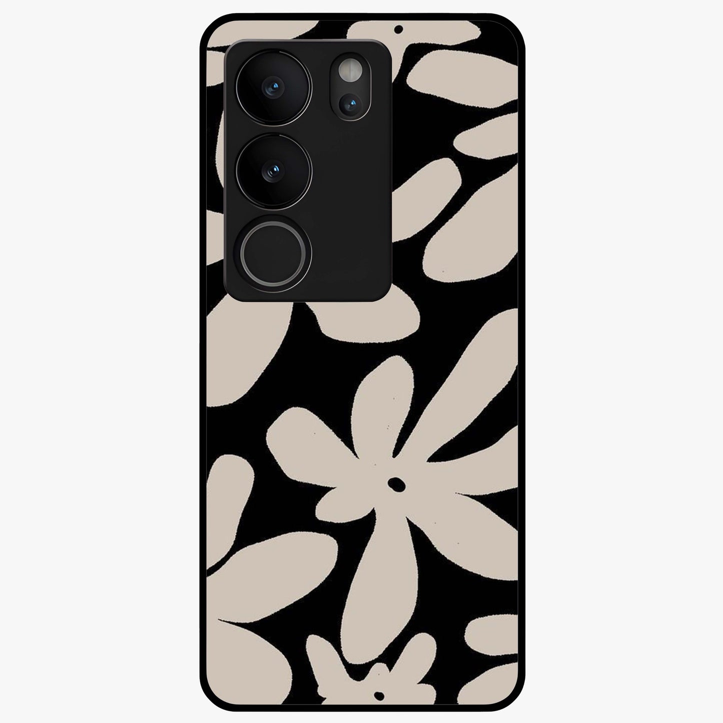 Monochrome Petal Dance Glass Case showing flat back view with monochrome floral artwork and glossy glass finish.