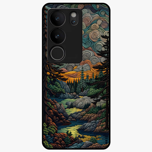 Moonlight Forest Dream Glass Case showing flat back view with mystical forest moonlight artwork and glossy glass finish.