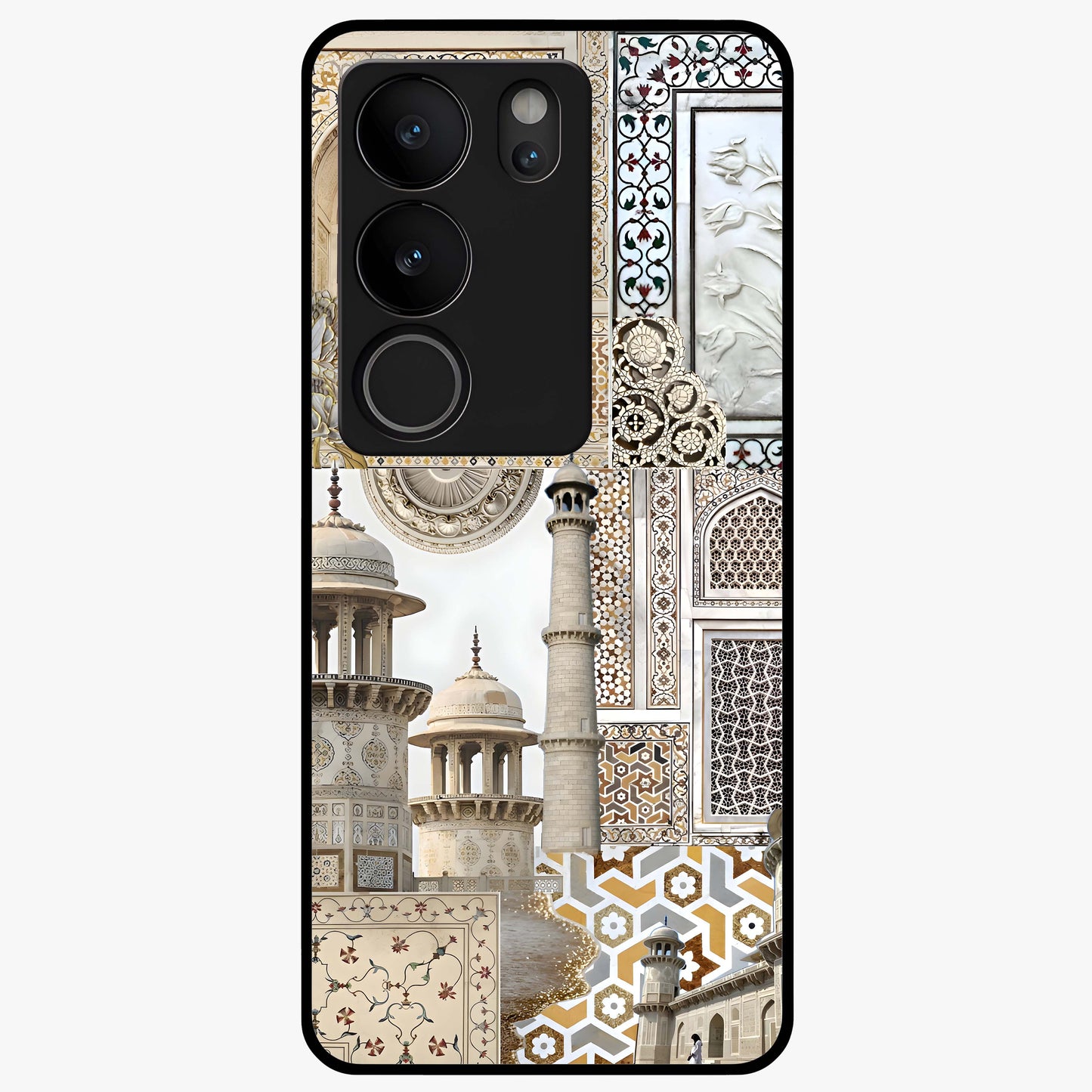 Mughal Marble Legacy Glass Case showing flat back view with intricate Mughal inspired marble pattern and glossy glass finish.