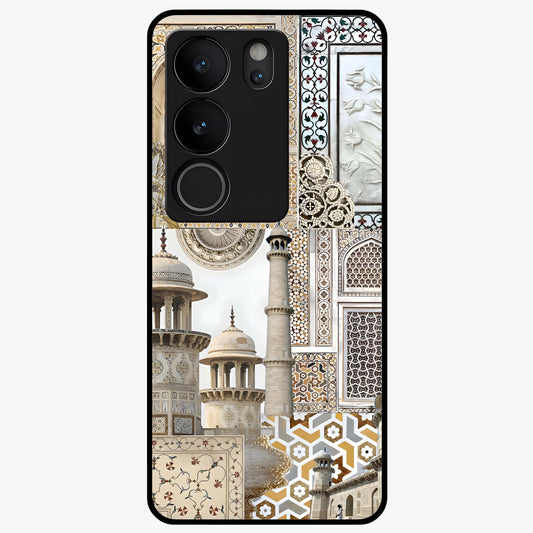 Mughal Marble Legacy Glass Case showing flat back view with intricate Mughal inspired marble pattern and glossy glass finish.