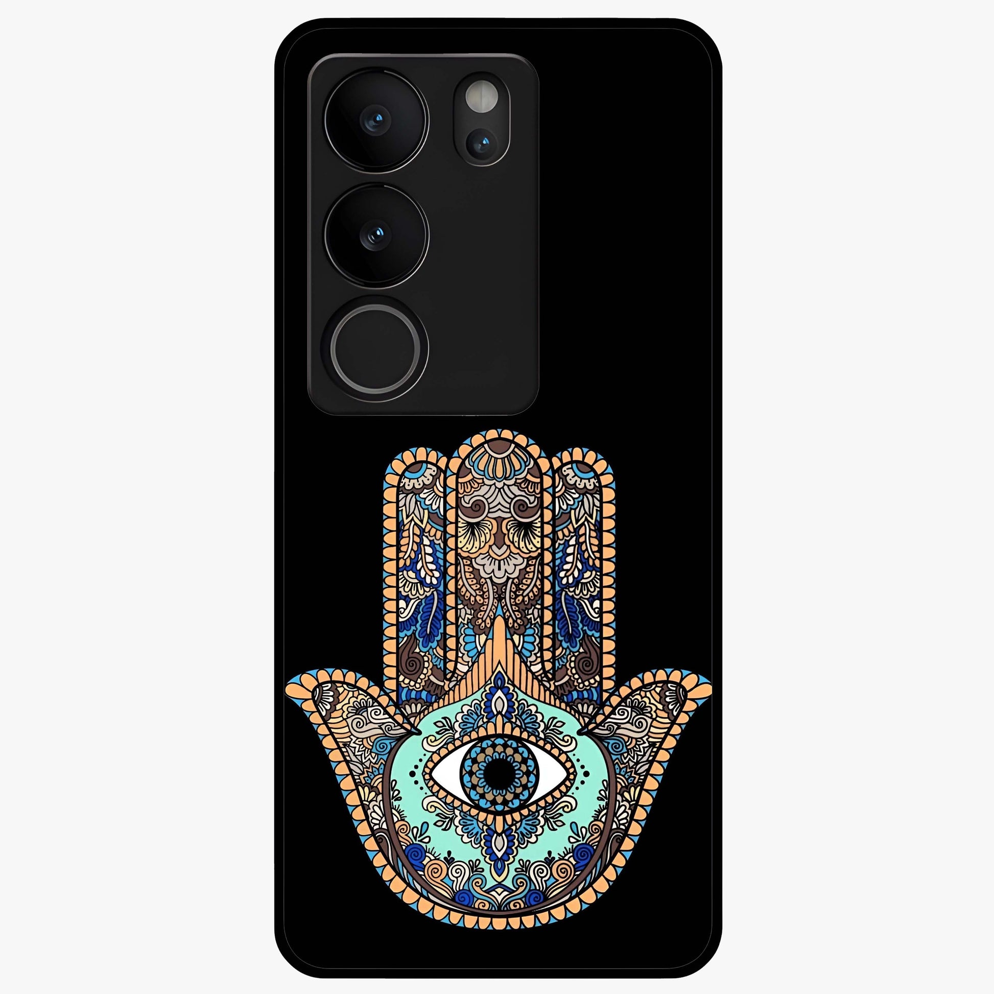 Mystic Hamsa Eye Glass Case showing flat back view with protective hamsa hand and evil eye artwork and glossy glass finish.