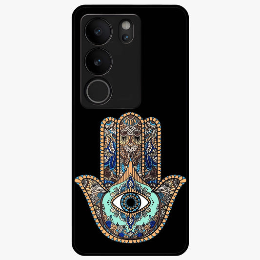 Mystic Hamsa Eye Glass Case showing flat back view with protective hamsa hand and evil eye artwork and glossy glass finish.
