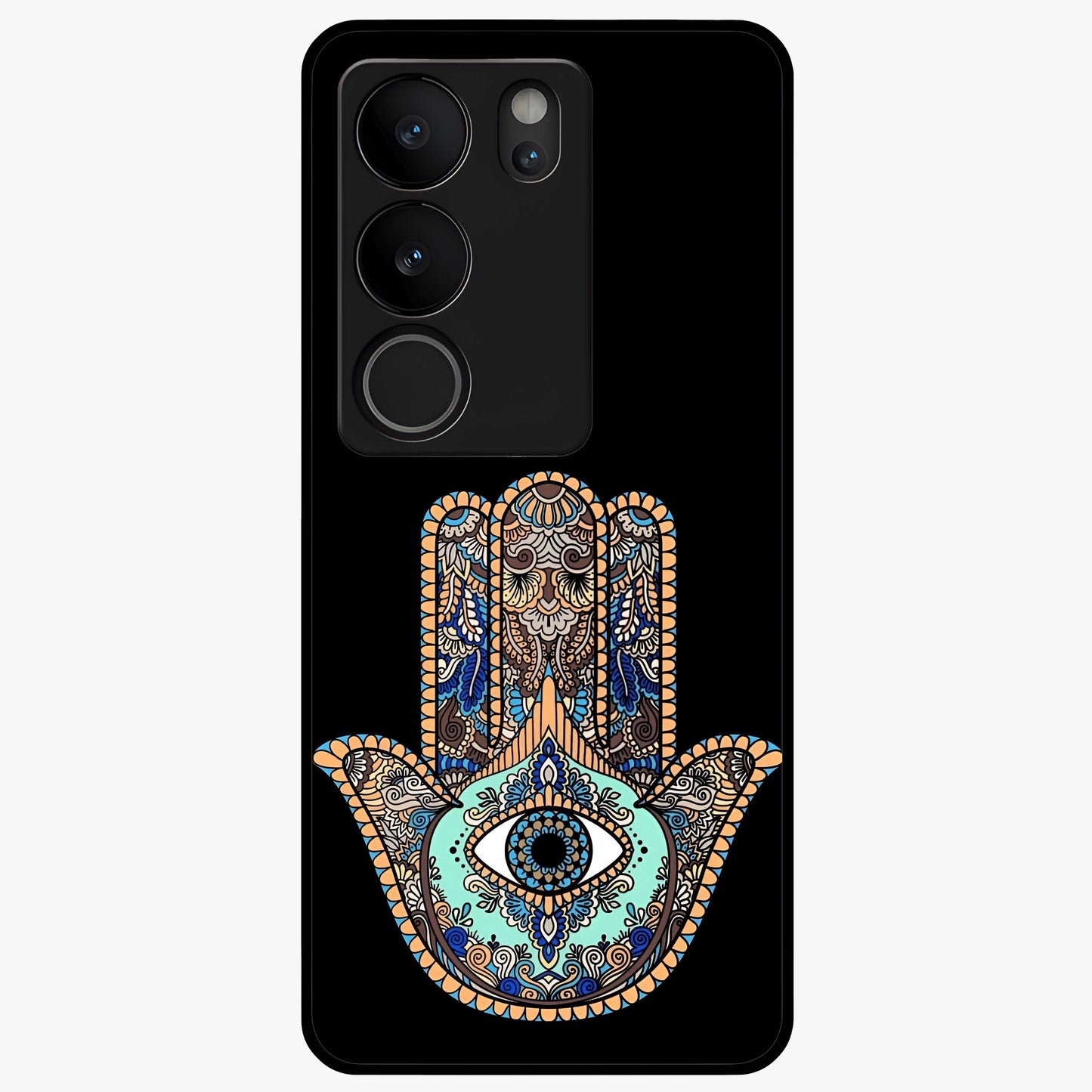 Mystic Hamsa Eye Glass Case showing flat back view with protective hamsa hand and evil eye artwork and glossy glass finish.