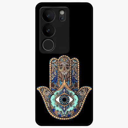 Mystic Hamsa Eye Glass Case showing flat back view with protective hamsa hand and evil eye artwork and glossy glass finish.