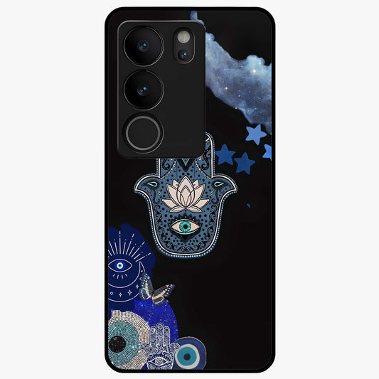 Mystic Hand Aura Glass Case showing flat back view with mystical hand symbol artwork and glossy glass finish.