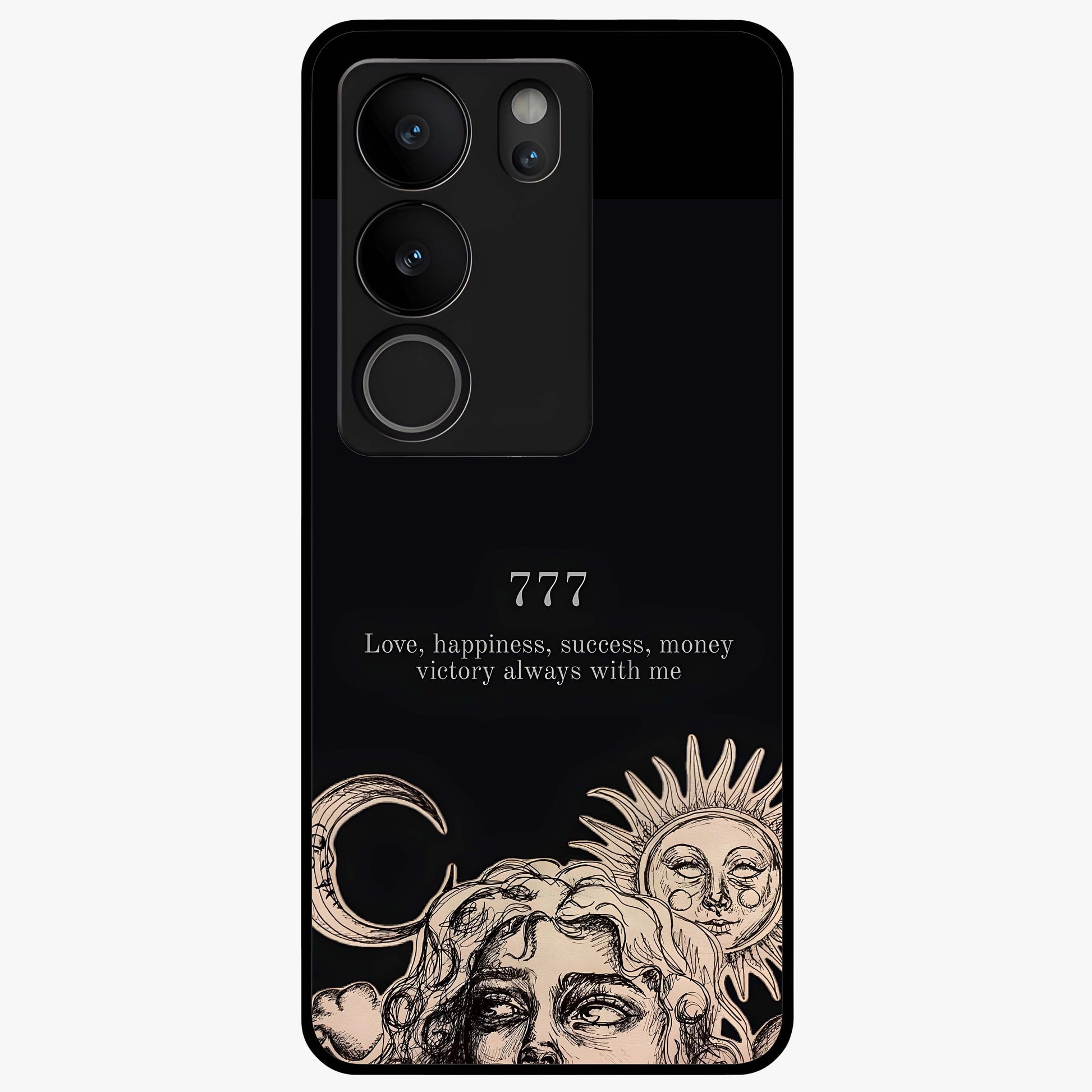 Mystic Victory Aura Glass Case showing flat back view with victory symbol artwork and glossy glass finish.