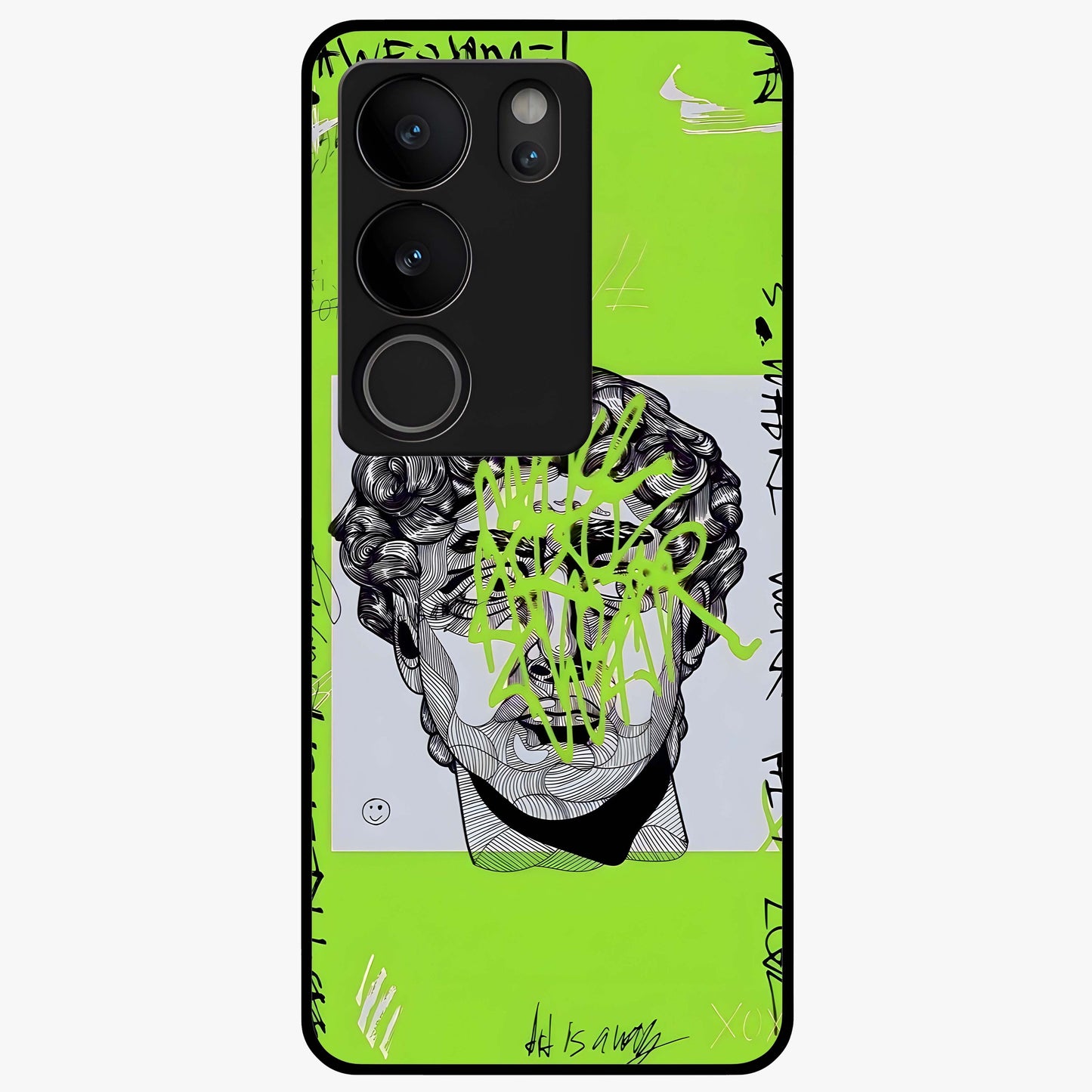 Neo Graffiti Rebellion Glass Case showing flat back view with vibrant graffiti artwork and glossy glass finish.