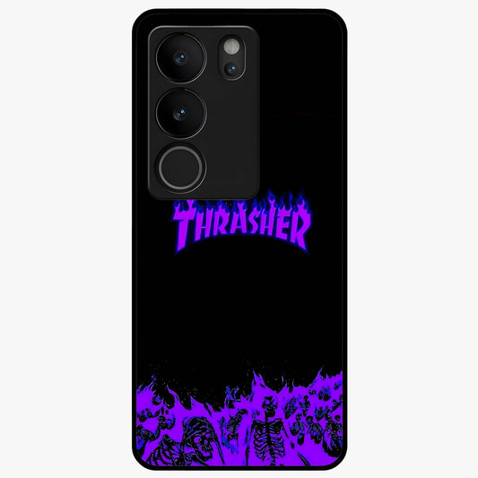 Neon Flame Riot Glass Case showing flat back view with neon flame artwork and glossy glass finish.