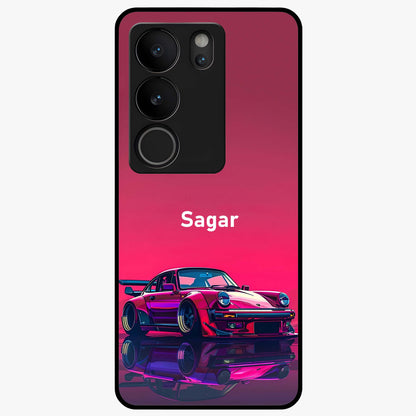 Neon Pink Porsche Glass Case showing flat back view with stylish sports car artwork and glossy glass finish.