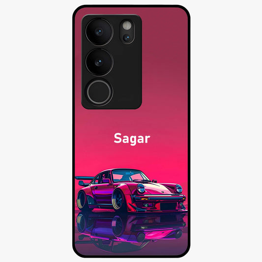 Neon Pink Porsche Glass Case showing flat back view with stylish sports car artwork and glossy glass finish.