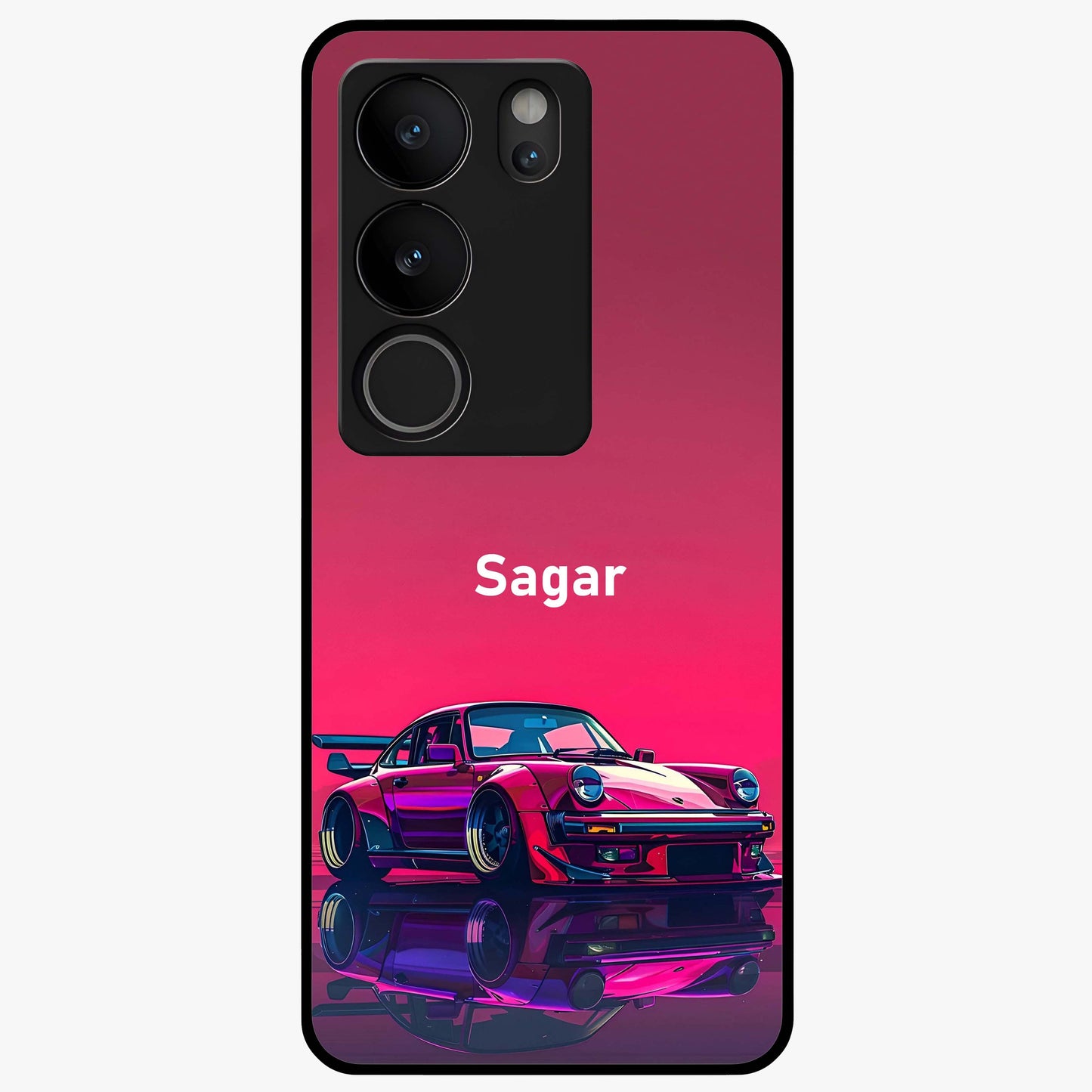 Neon Pink Porsche Glass Case showing flat back view with stylish sports car artwork and glossy glass finish.
