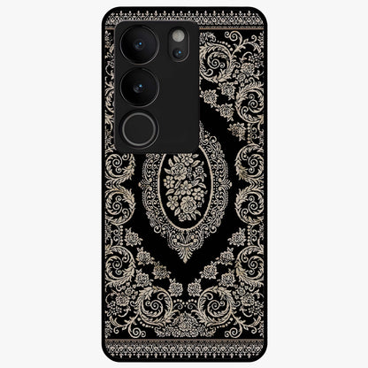 Noir Bloom Elegance Glass Case showing flat back view with elegant dark floral artwork and glossy glass finish.