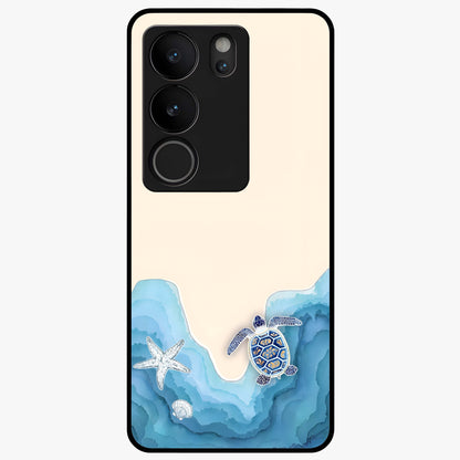 Ocean Drift Turtle Glass Case showing flat back view with sea turtle artwork and glossy glass finish.
