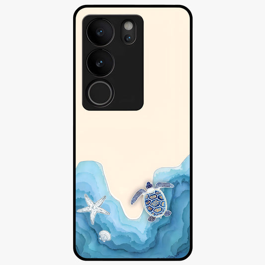 Ocean Drift Turtle Glass Case showing flat back view with sea turtle artwork and glossy glass finish.
