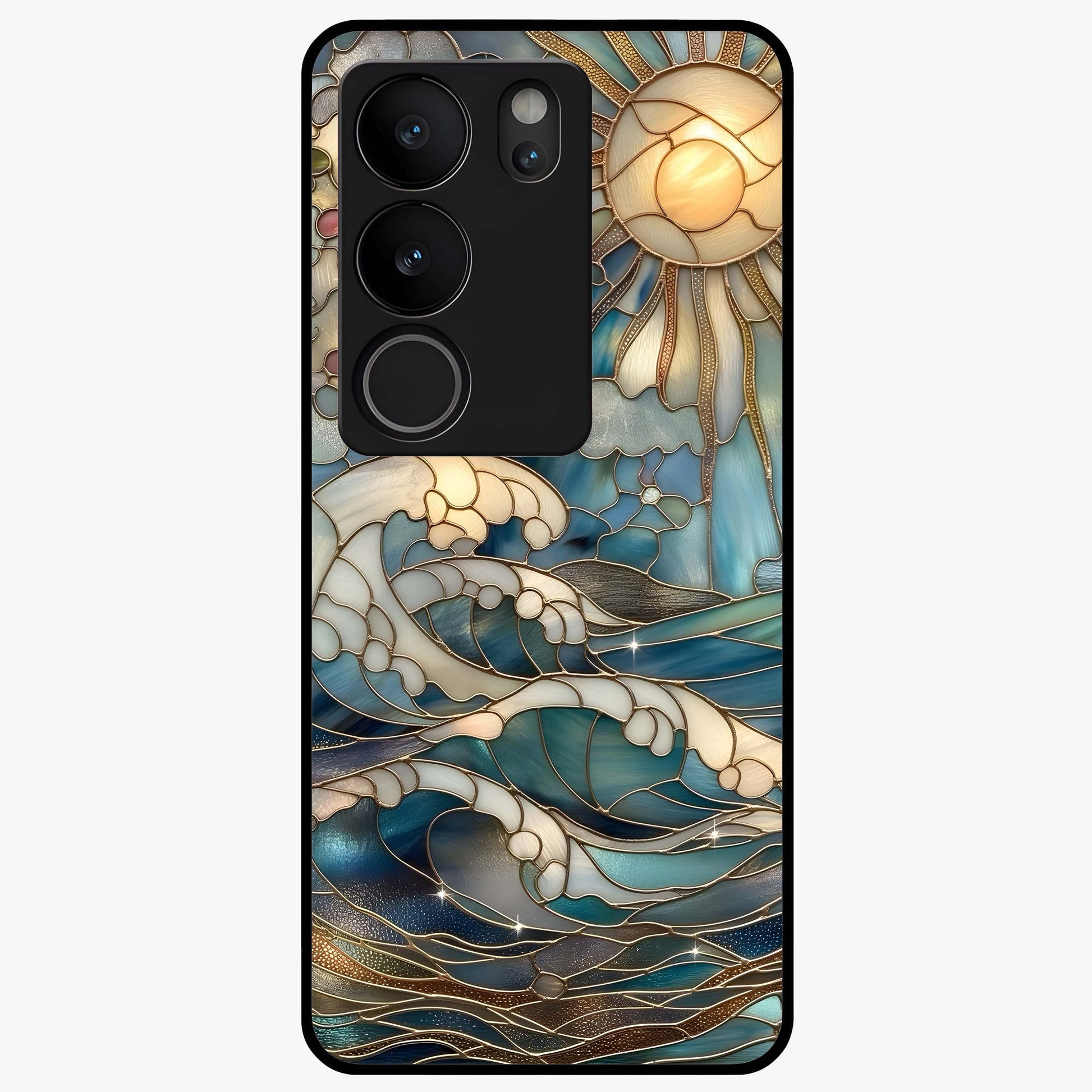 Oceanic Stained Printed Glass Case showing flat back view with ocean inspired stained pattern artwork and glossy glass finish.
