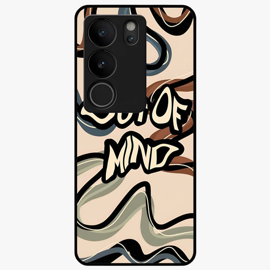 Out Of Mind Glass Case showing flat back view with expressive typography artwork and glossy glass finish.