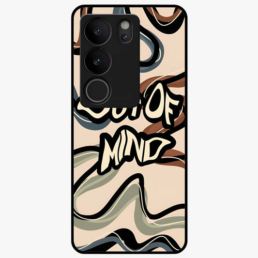 Out Of Mind Glass Case showing flat back view with expressive typography artwork and glossy glass finish.