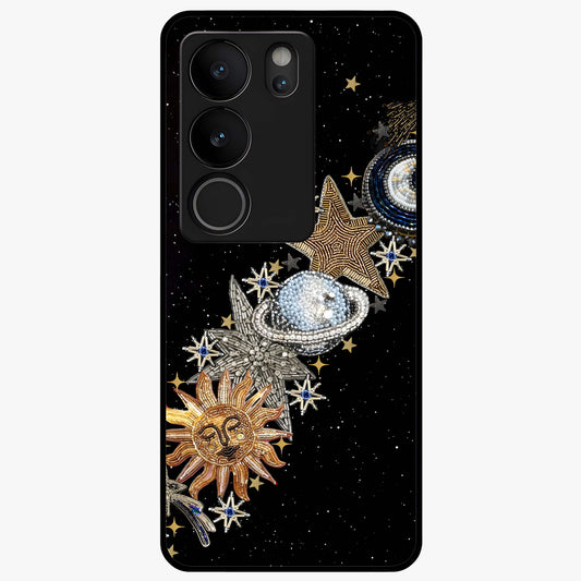 Pearls Universe Object Glass Case showing flat back view with pearl inspired cosmic artwork and glossy glass finish.