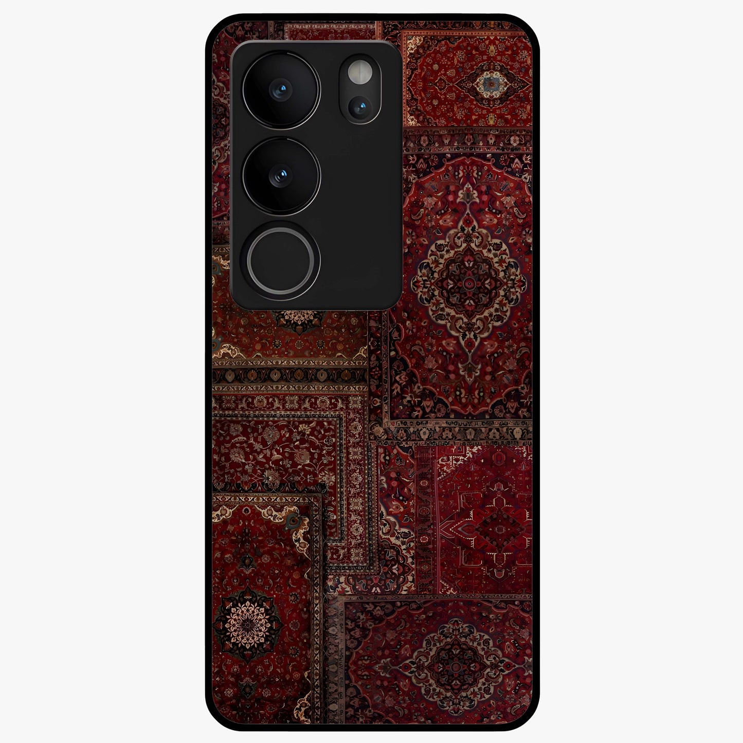 Persian Velvet Tale Glass Case showing flat back view with luxurious Persian velvet pattern artwork and glossy glass finish.