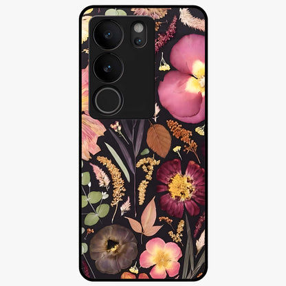 Petal Dream Tapestry Glass Case showing flat back view with intricate floral tapestry artwork and glossy glass finish.