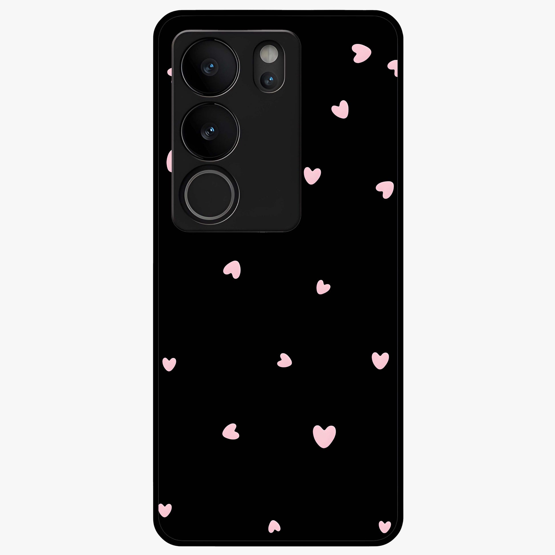 Pink Love Drops Glass Case showing flat back view with playful pink heart drops artwork and glossy glass finish.