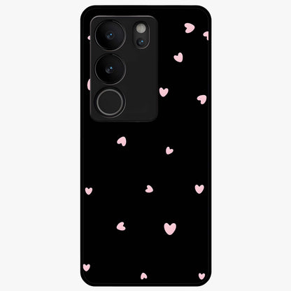 Pink Love Drops Glass Case showing flat back view with playful pink heart drops artwork and glossy glass finish.