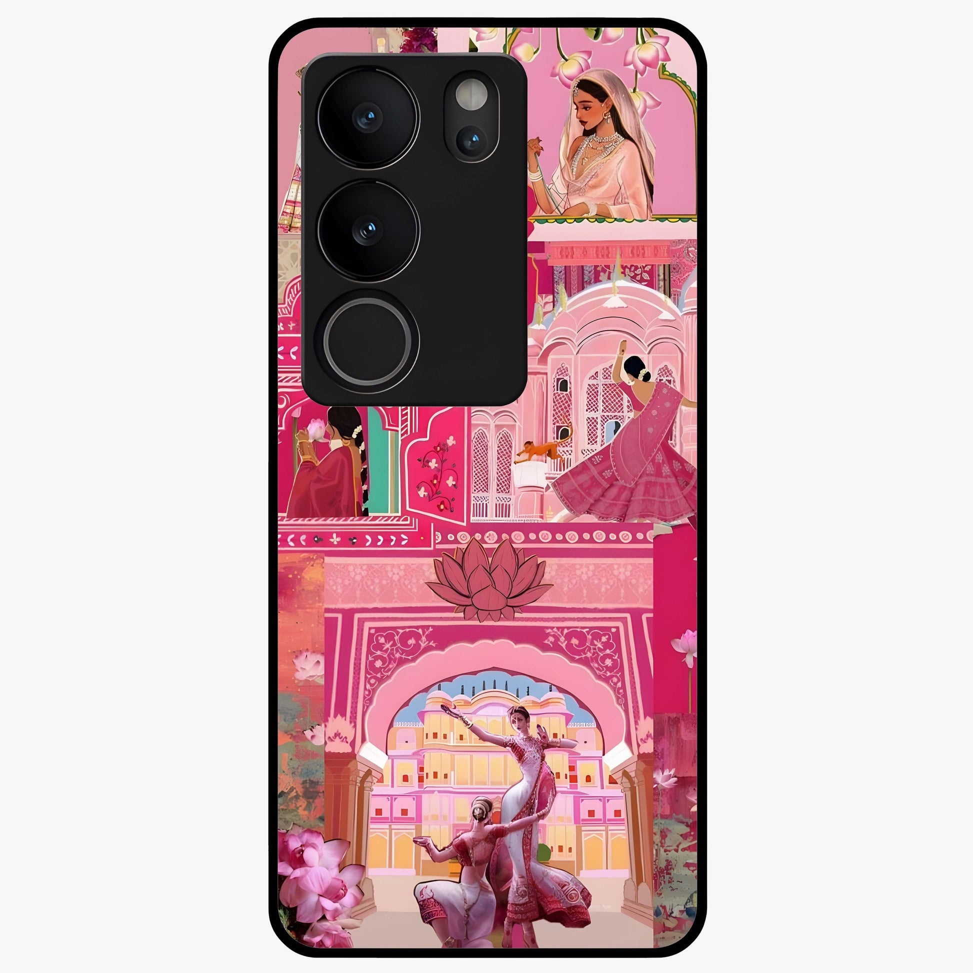 Pink Palace Muse Glass Case showing flat back view with elegant palace inspired artwork and glossy glass finish.