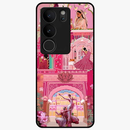 Pink Palace Muse Glass Case showing flat back view with elegant palace inspired artwork and glossy glass finish.