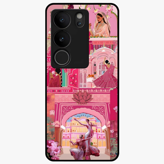 Pink Palace Muse Glass Case showing flat back view with elegant palace inspired artwork and glossy glass finish.