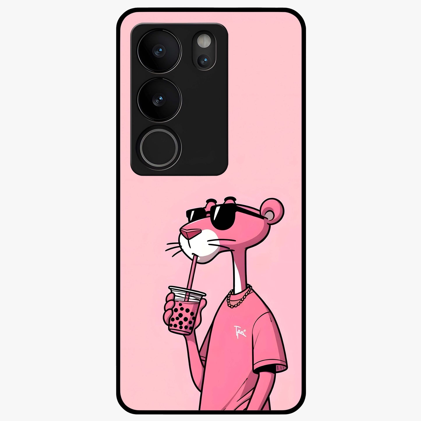 Pink Panther Glass Case showing flat back view with iconic pink panther artwork and glossy glass finish.