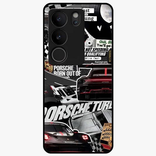 Porsche Racing Collage Glass Case showing flat back view with sports car racing collage artwork and glossy glass finish.
