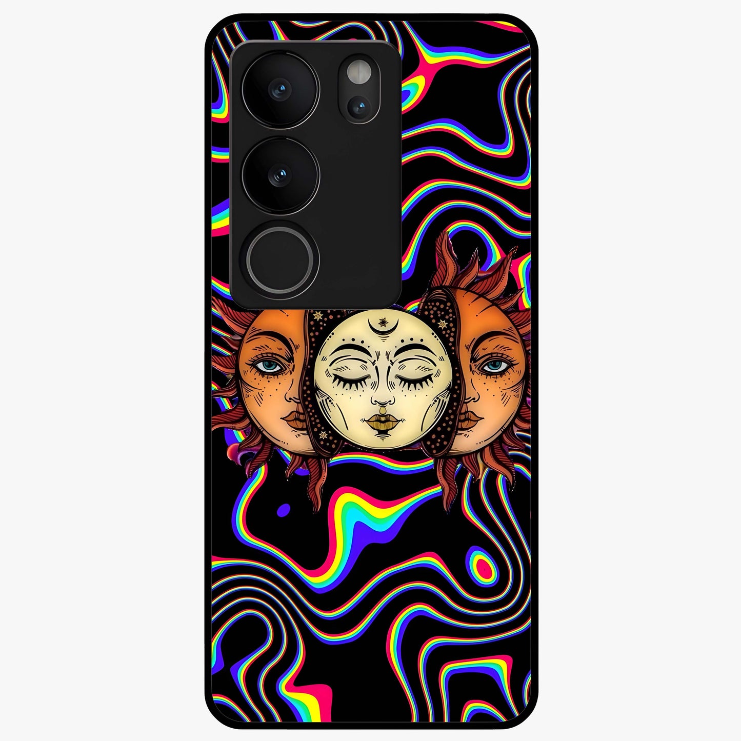 Psychedelic Sun Glass Case showing flat back view with colorful psychedelic sun artwork and glossy glass finish.