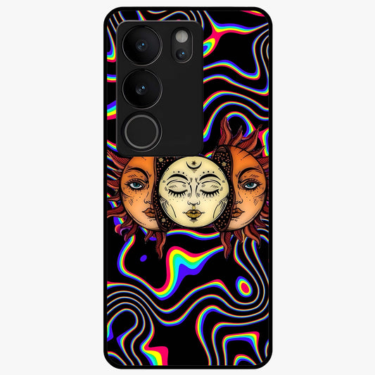 Psychedelic Sun Glass Case showing flat back view with colorful psychedelic sun artwork and glossy glass finish.