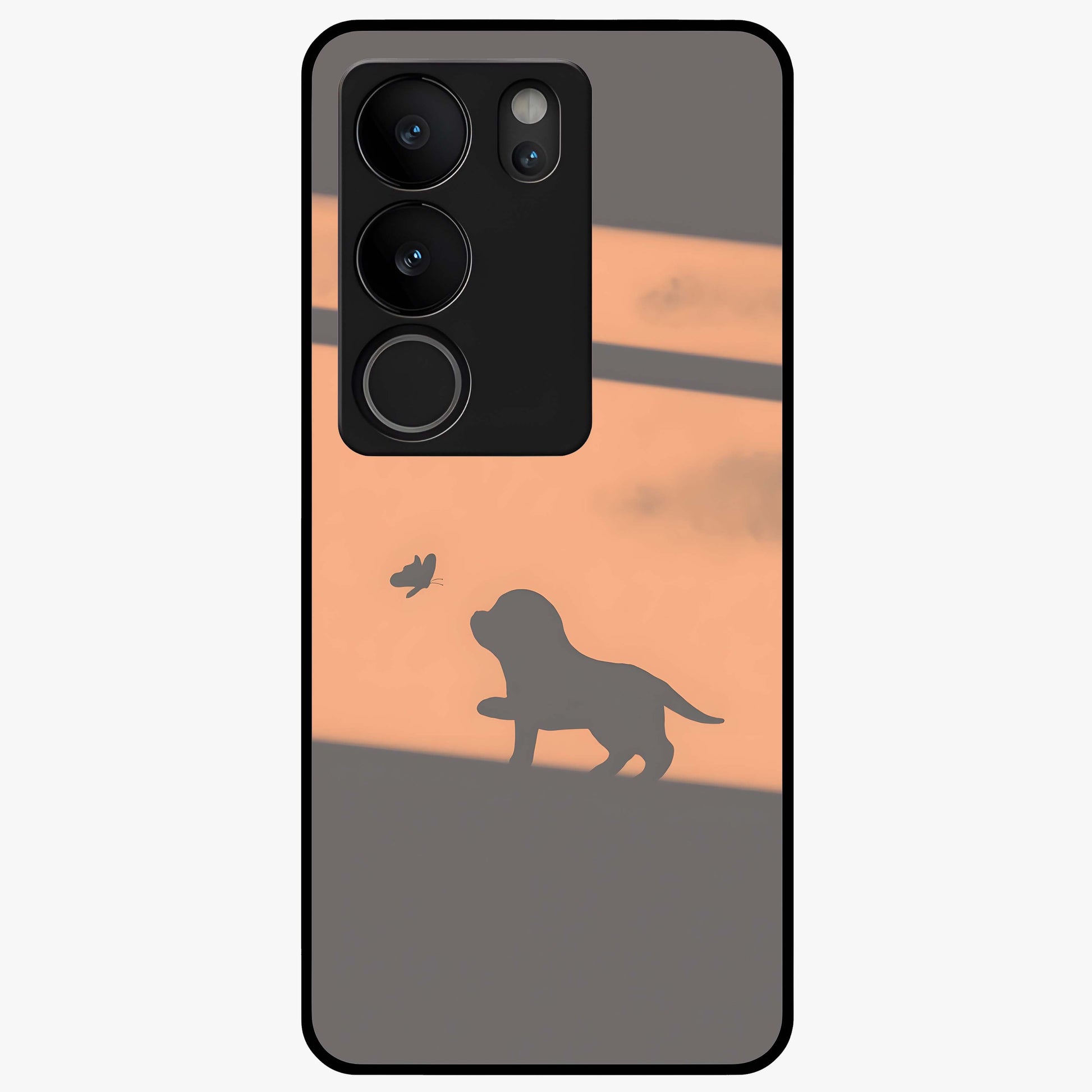 Puppy Shadow Art Glass Case showing flat back view with cute puppy shadow style artwork and glossy glass finish.