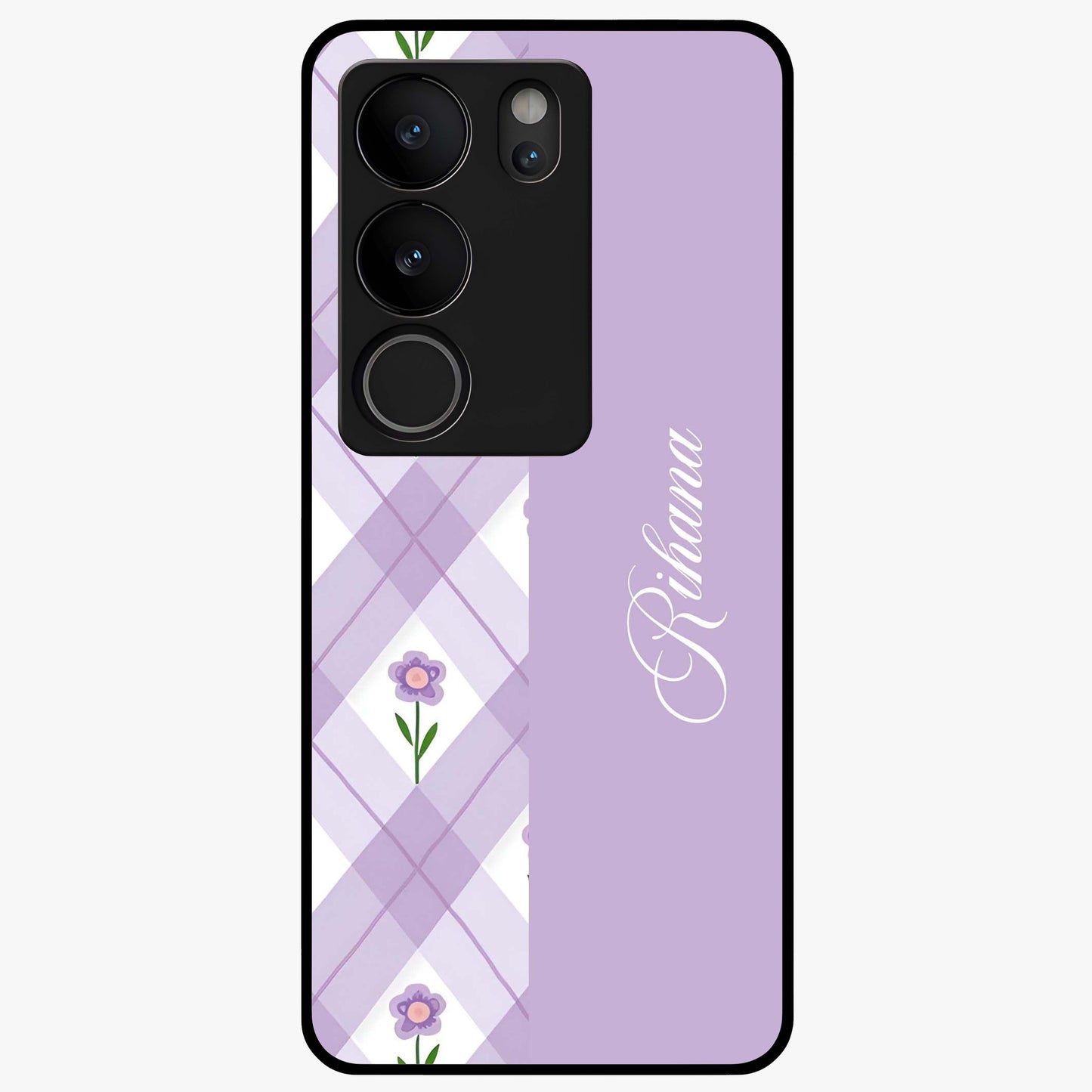 Purple Diamond Floral Glass Case showing flat back view with diamond shaped floral artwork and glossy glass finish.