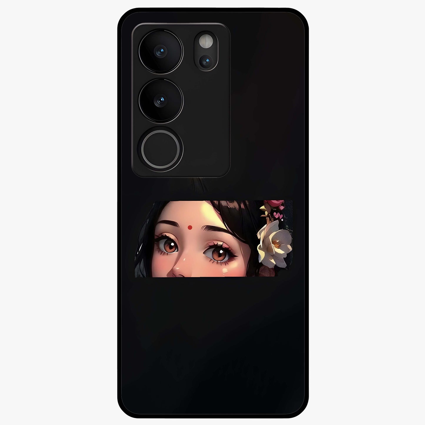 Radha Divine Embrace Glass Case showing flat back view with devotional Radha artwork and glossy glass finish.