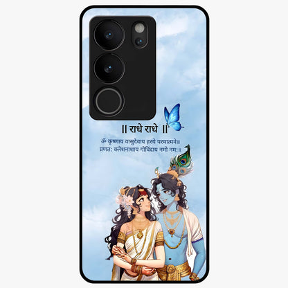 Radha Krishna Eternal Glass Case showing flat back view with Radha Krishna devotional artwork and glossy glass finish.