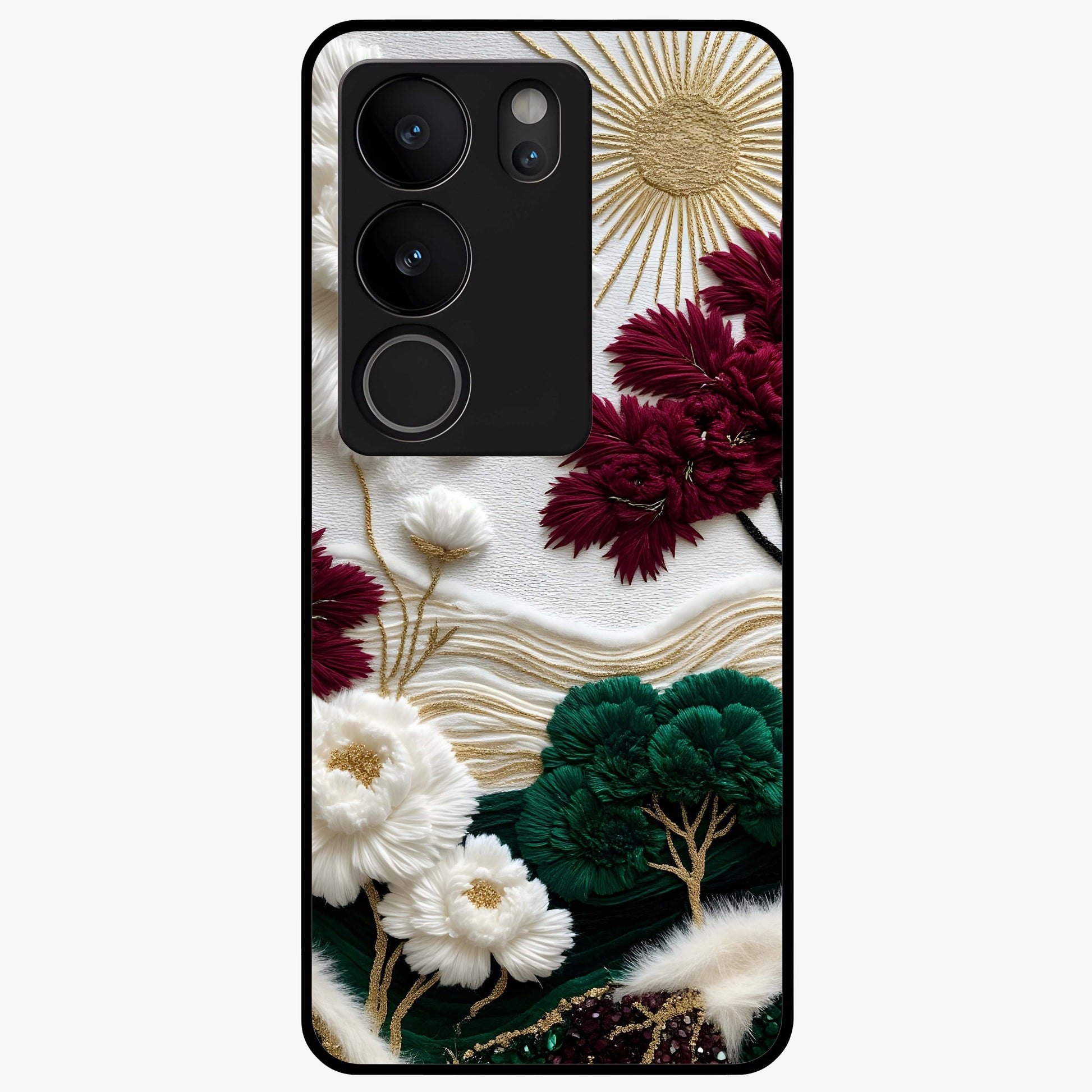 Radiant Bloom Elegance Glass Case showing flat back view with elegant blooming flower artwork and glossy glass finish.