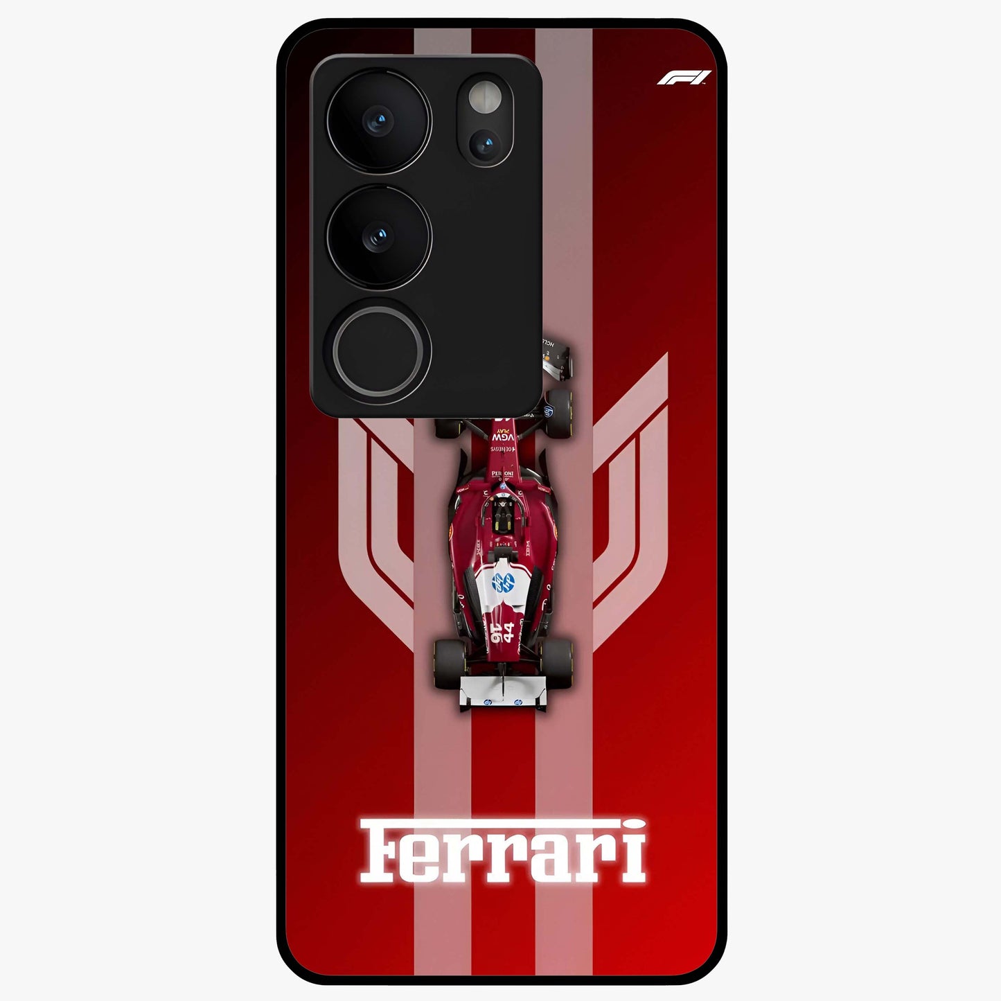Red Ferrari F1 Vertical Glass Case showing flat back view with sleek Formula racing car artwork and glossy glass finish.