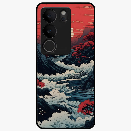 Red Sunset Scenery Glass Case showing flat back view with vibrant sunset landscape artwork and glossy glass finish.