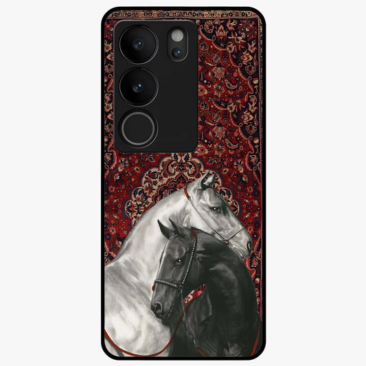 Regal Stallion Tapestry Glass Case showing flat back view with majestic horse tapestry artwork and glossy glass finish.